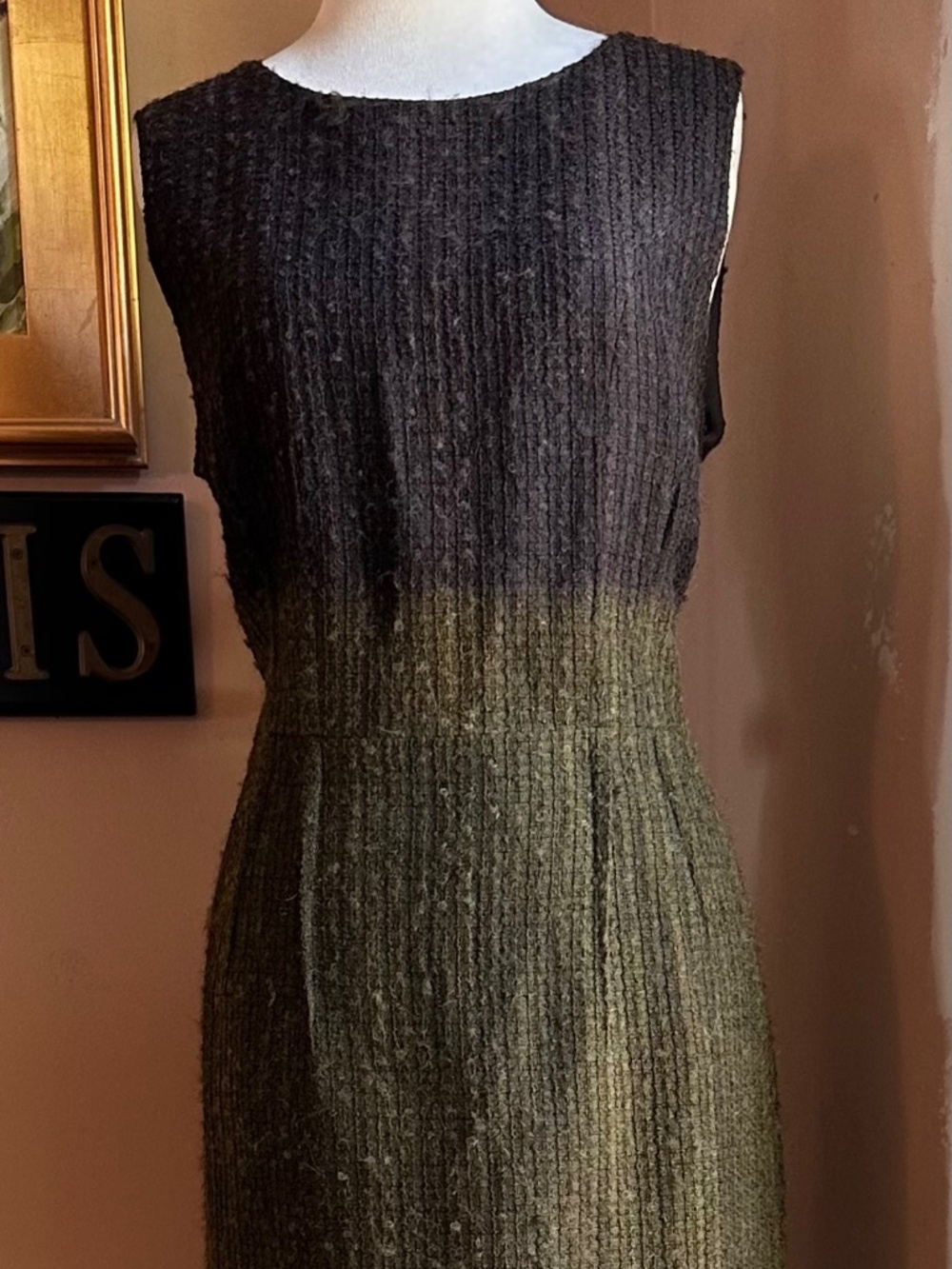 Lafayette 148 New York Green Brown Knit Tweed Sleeveless Sheath Midi Dress
